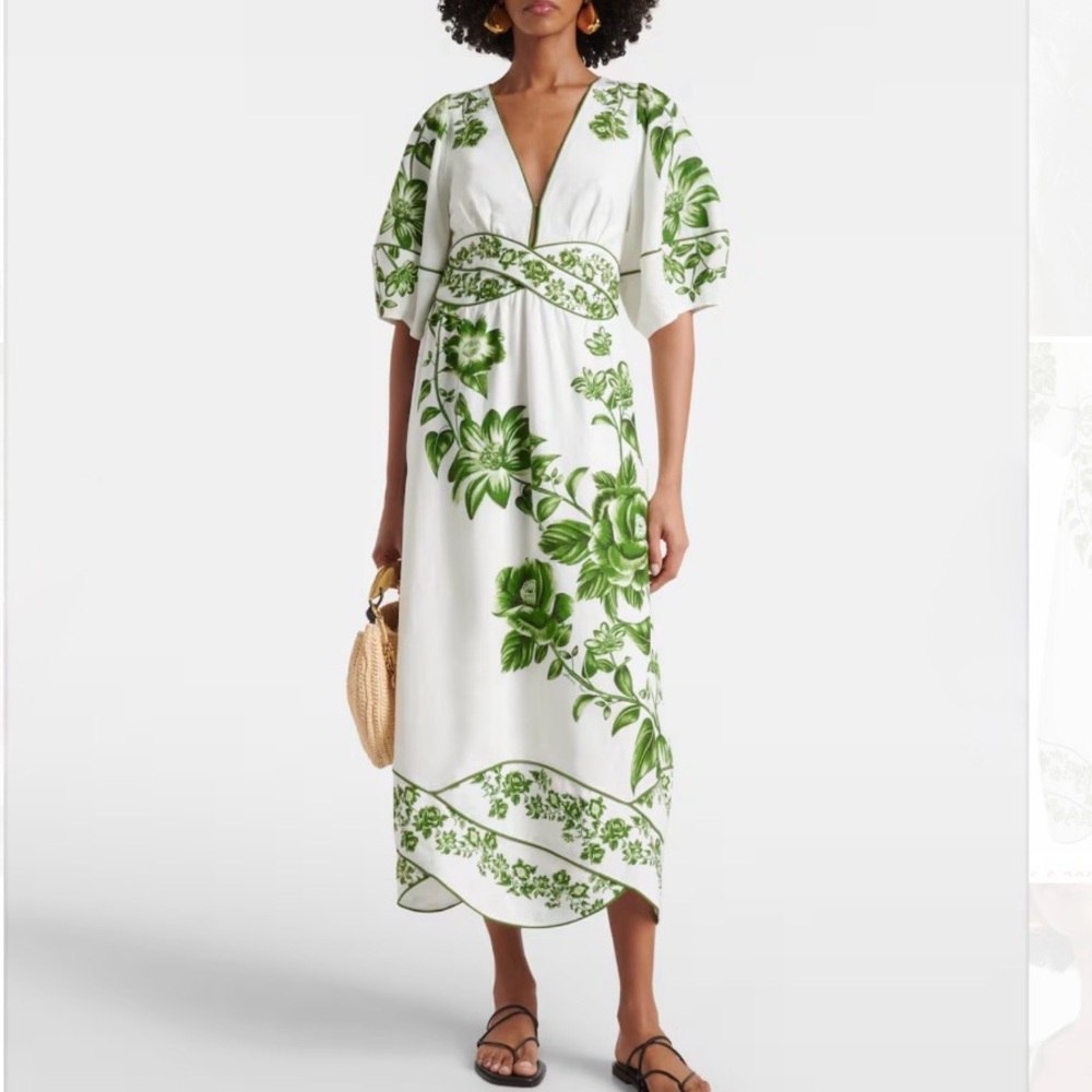 FARM RIO Blue Yard linen-blend midi dress